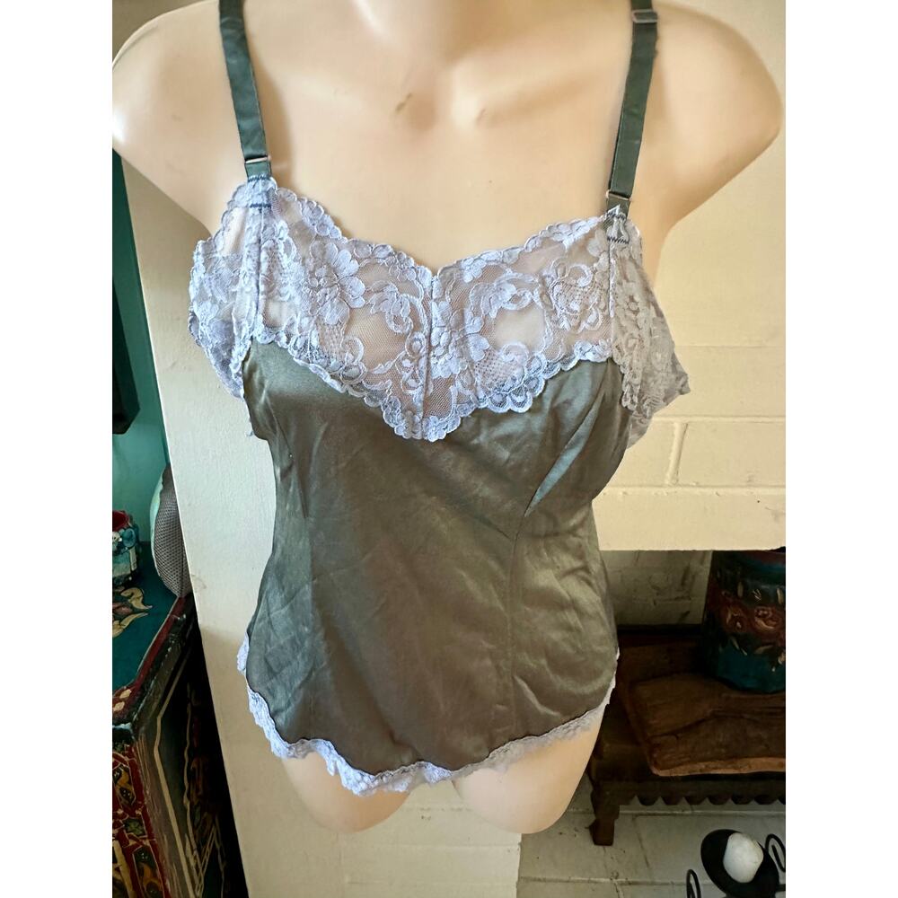 VINTAGE SAGE GREEN LACE TRIM CAMI CAMISOLE - 60's PIECE UPCYCLED IN THE 90's